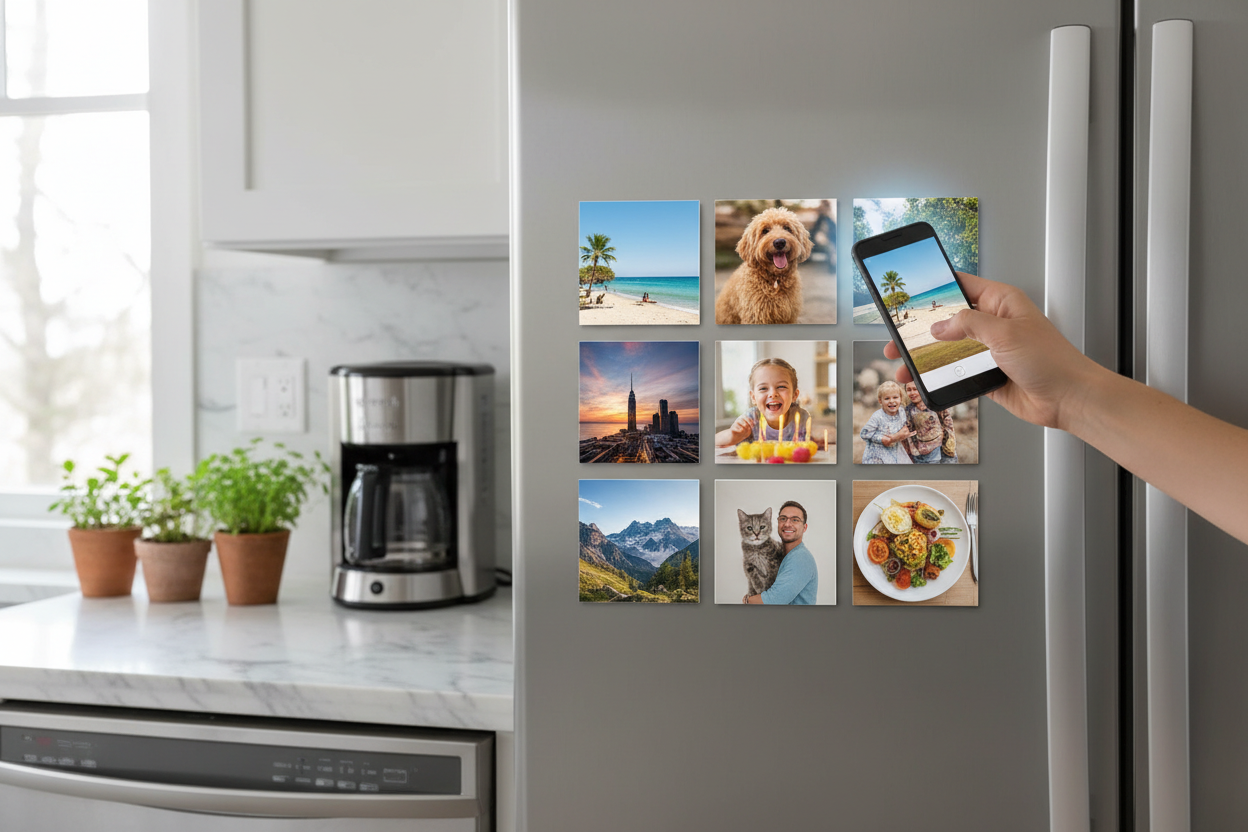 Lifestyle shot with 9 square magnets on fridge